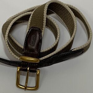 Coach Brown Leather and Army Green Cream Nylon Belt